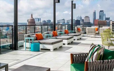 Beautiful rooftop-coworking space with city views at Hilton Garden Inn Austin University.
