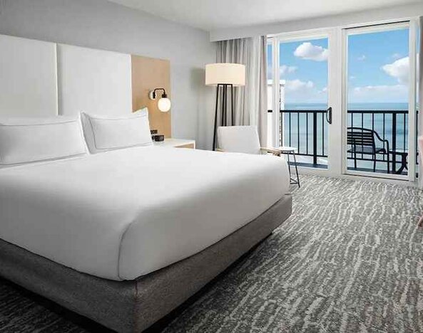 beautiful king room with work area and a terrace with sea views at Hilton Myrtle Beach Resort.