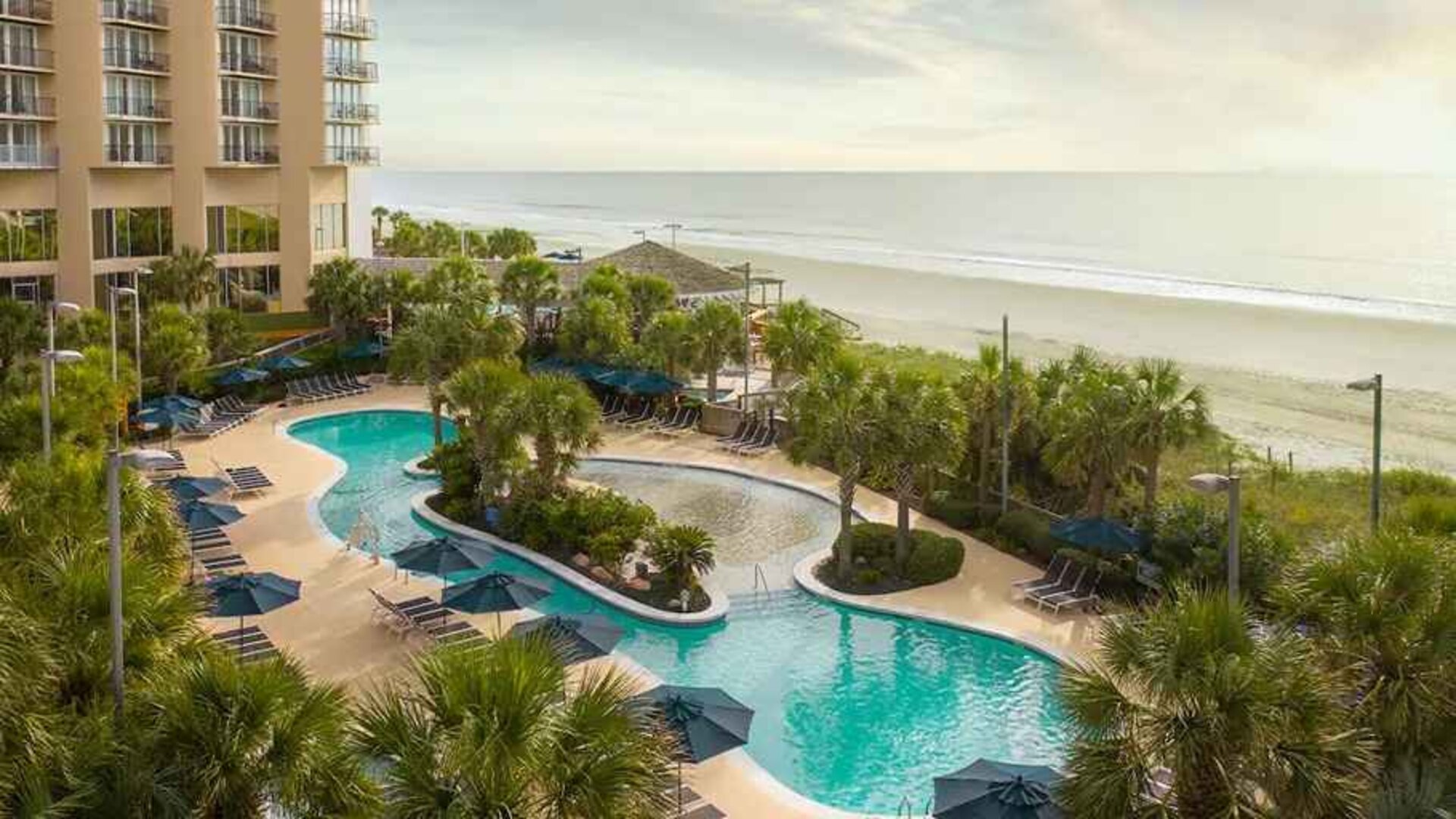 beautiful outdoor pool surrounded with greenery right by the beach at Hilton Myrtle Beach Resort.