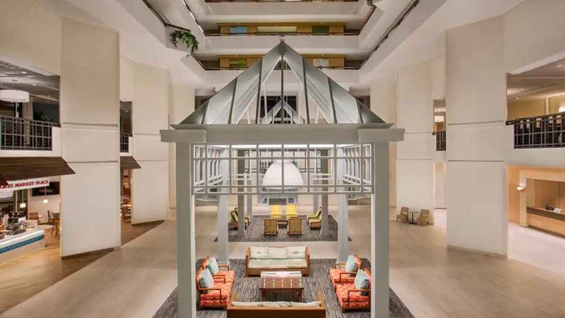 well-lit, spacious lobby-lounge ideal for coworking at Hilton Myrtle Beach Resort.