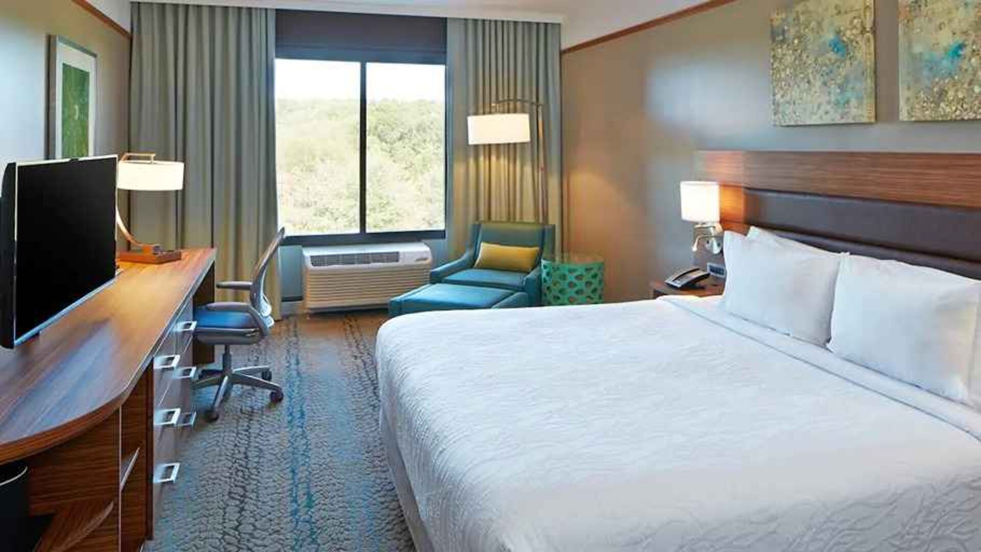 Spacious delux king room with TV and work desk and lots of natural light at Hilton Garden Inn Boston/Marlborough.