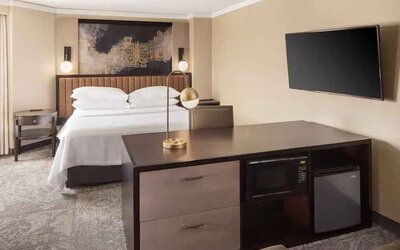 Bright king bedroom with window and TV screen at the Embassy Suites by Hilton Tysons Corner.