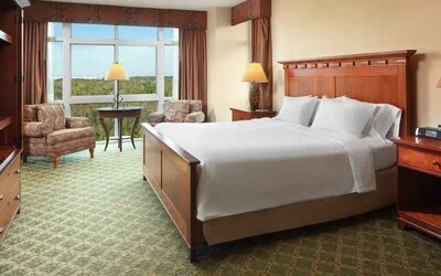 Bright king suite with window and sofas at the Embassy Suites by Hilton Charleston Airport Convention Center.