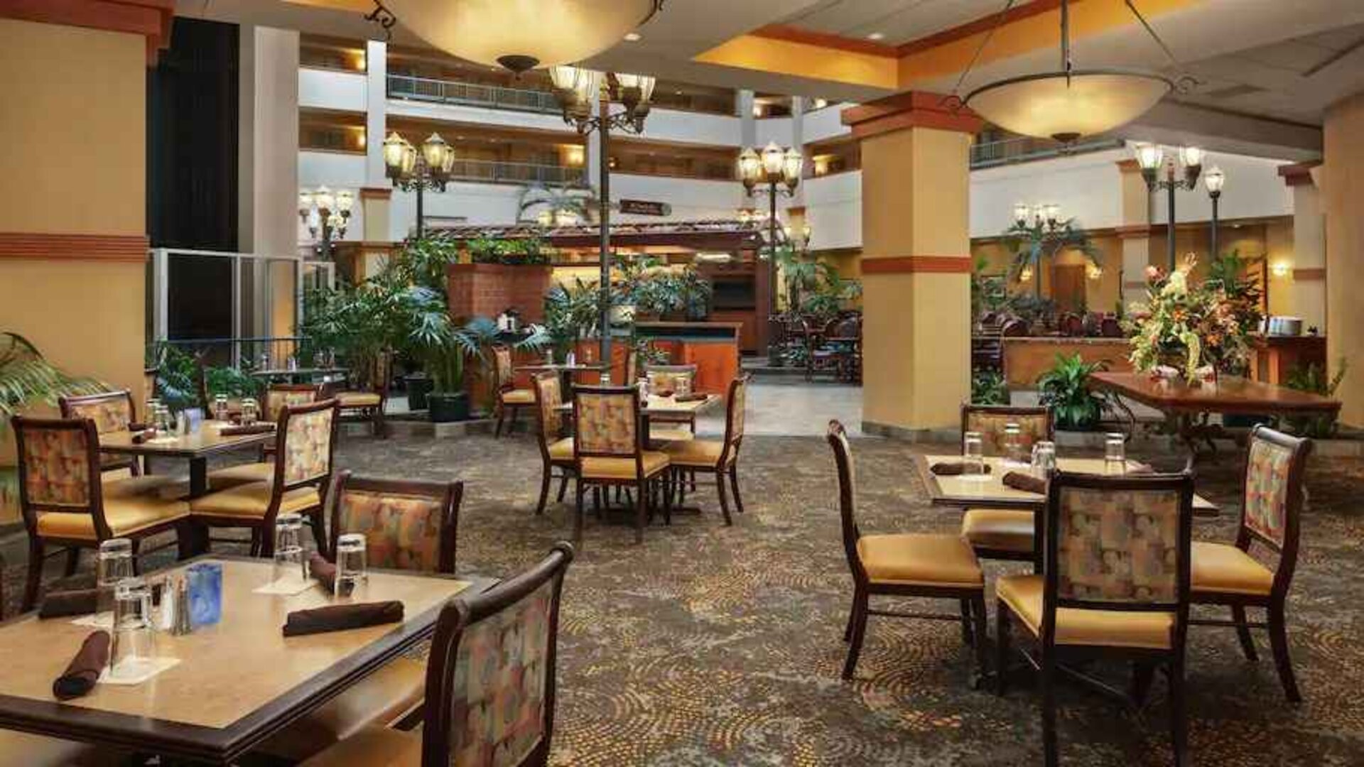 Restaurant area perfect as workspace at the Embassy Suites by Hilton Charleston Airport Convention Center.