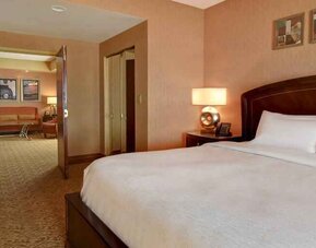 King size bed in a hotel suite at the Embassy Suites by Hilton Hot Springs Hotel & Spa.