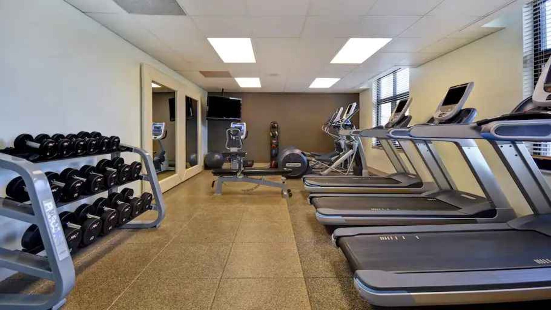 Fitness center with treadmills and weights at the Embassy Suites by Hilton Hot Springs Hotel & Spa.