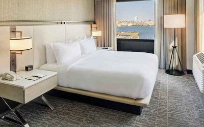 beautiful king room with lovely views at DoubleTree by Hilton Hotel & Suites Jersey City.
