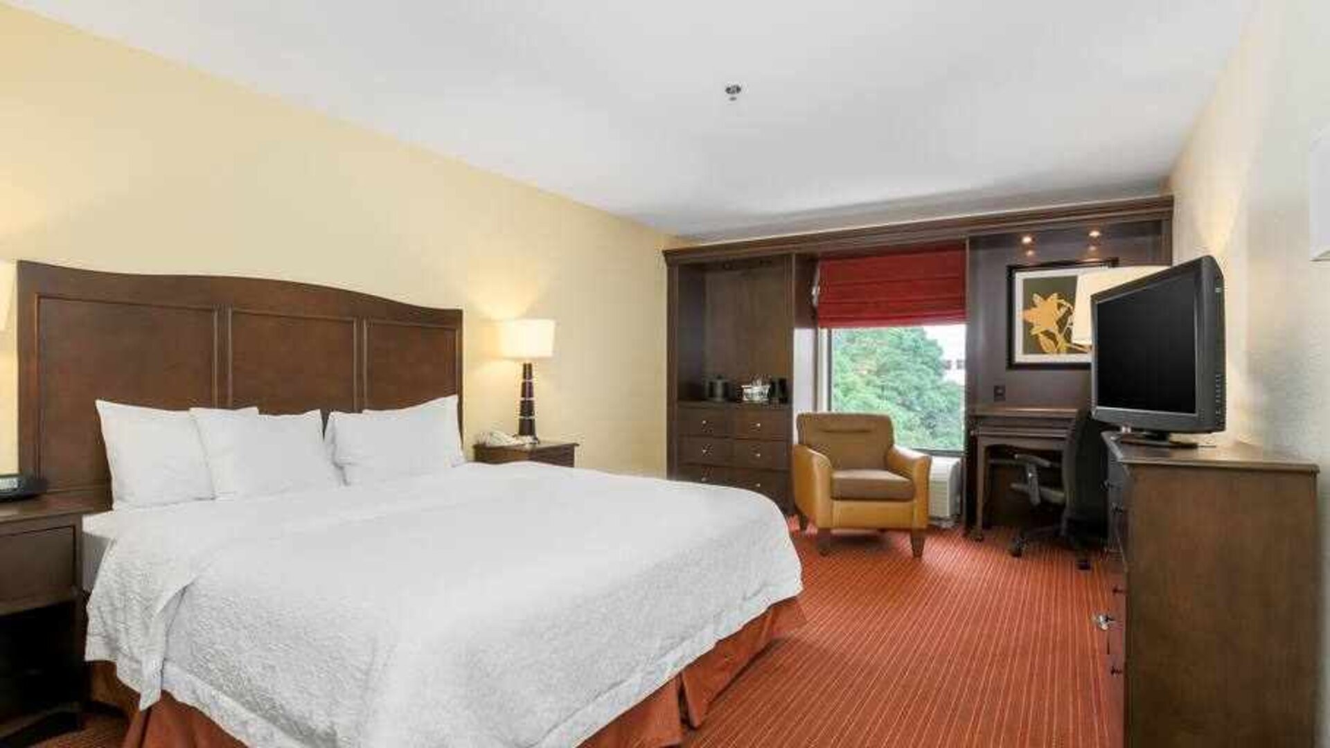 King size bed, TV screen and window in a hotel room at the Hampton Inn Champaign Urbana.