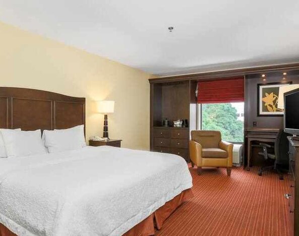 King size bed, TV screen and window in a hotel room at the Hampton Inn Champaign Urbana.