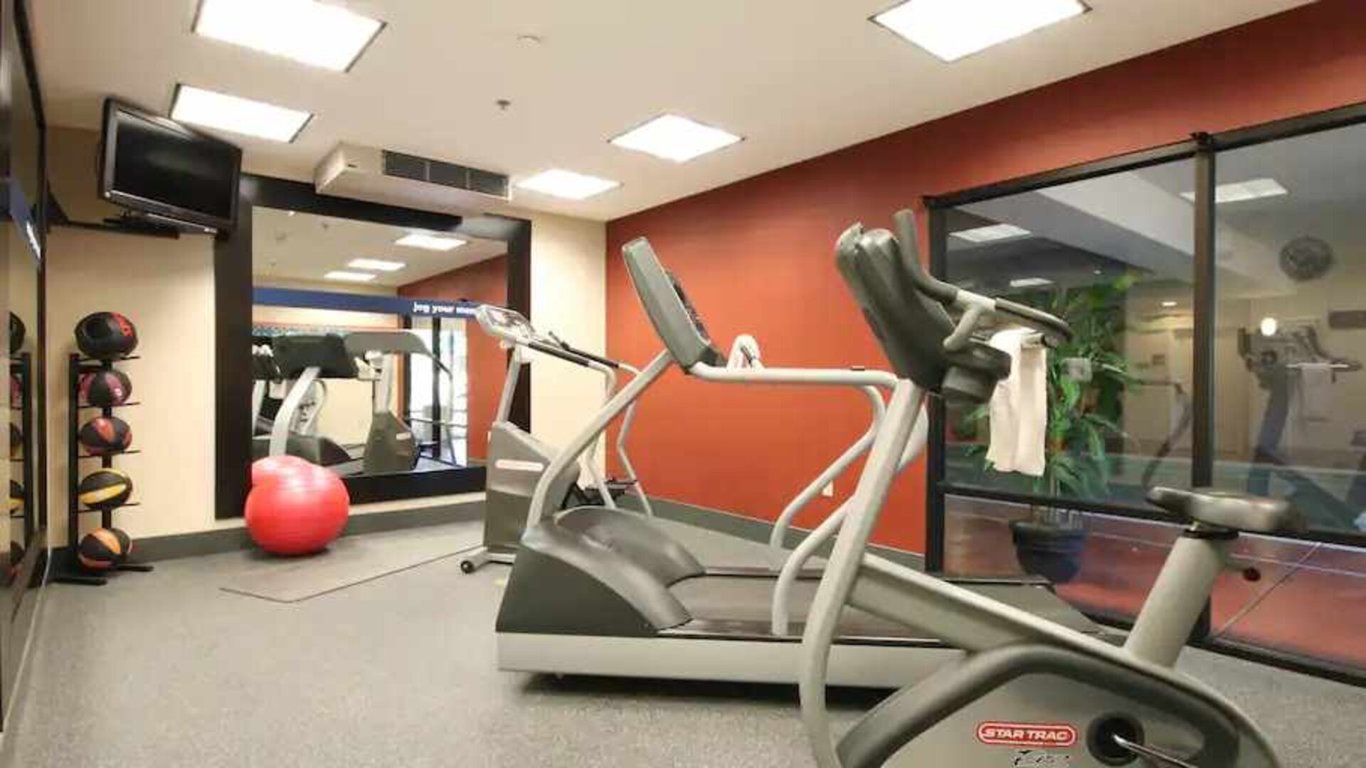 Fitness center at the Hampton Inn Champaign Urbana.