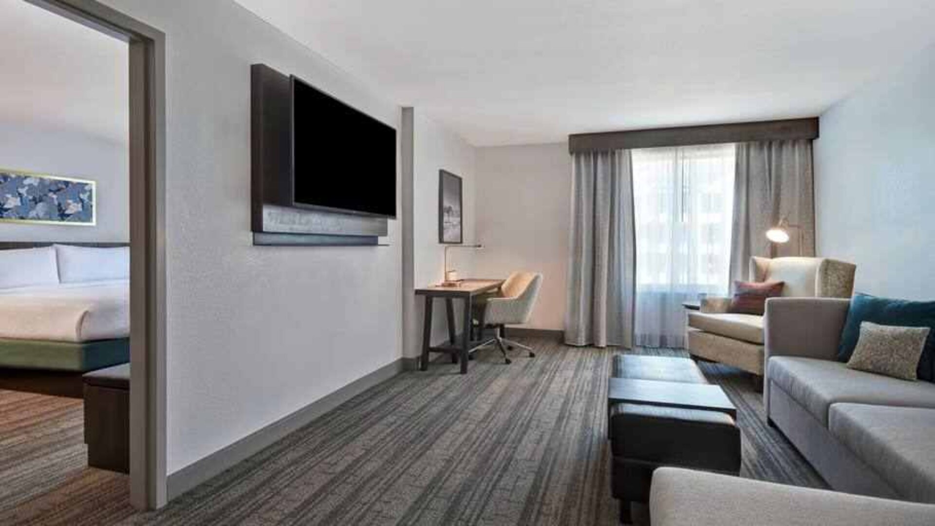 Working station in a hotel living room at the Hilton Garden Inn Houston Galleria Area.