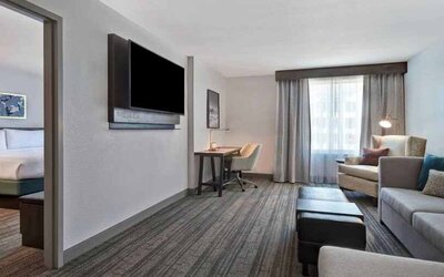 Working station in a hotel living room at the Hilton Garden Inn Houston Galleria Area.