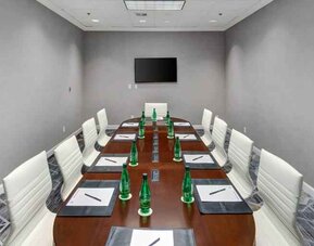 Small meeting room with screen at the DoubleTree by Hilton Wichita Airport.