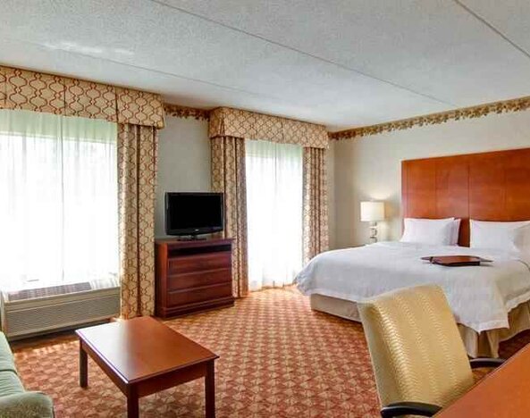 Spacious guestroom with king size bed, sofa and TV screen at the Hampton Inn & Suites Leesburg.