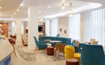 Beautiful hotel workspace perfect for co-working at the Hampton by Hilton Manchester Northern Quarter.