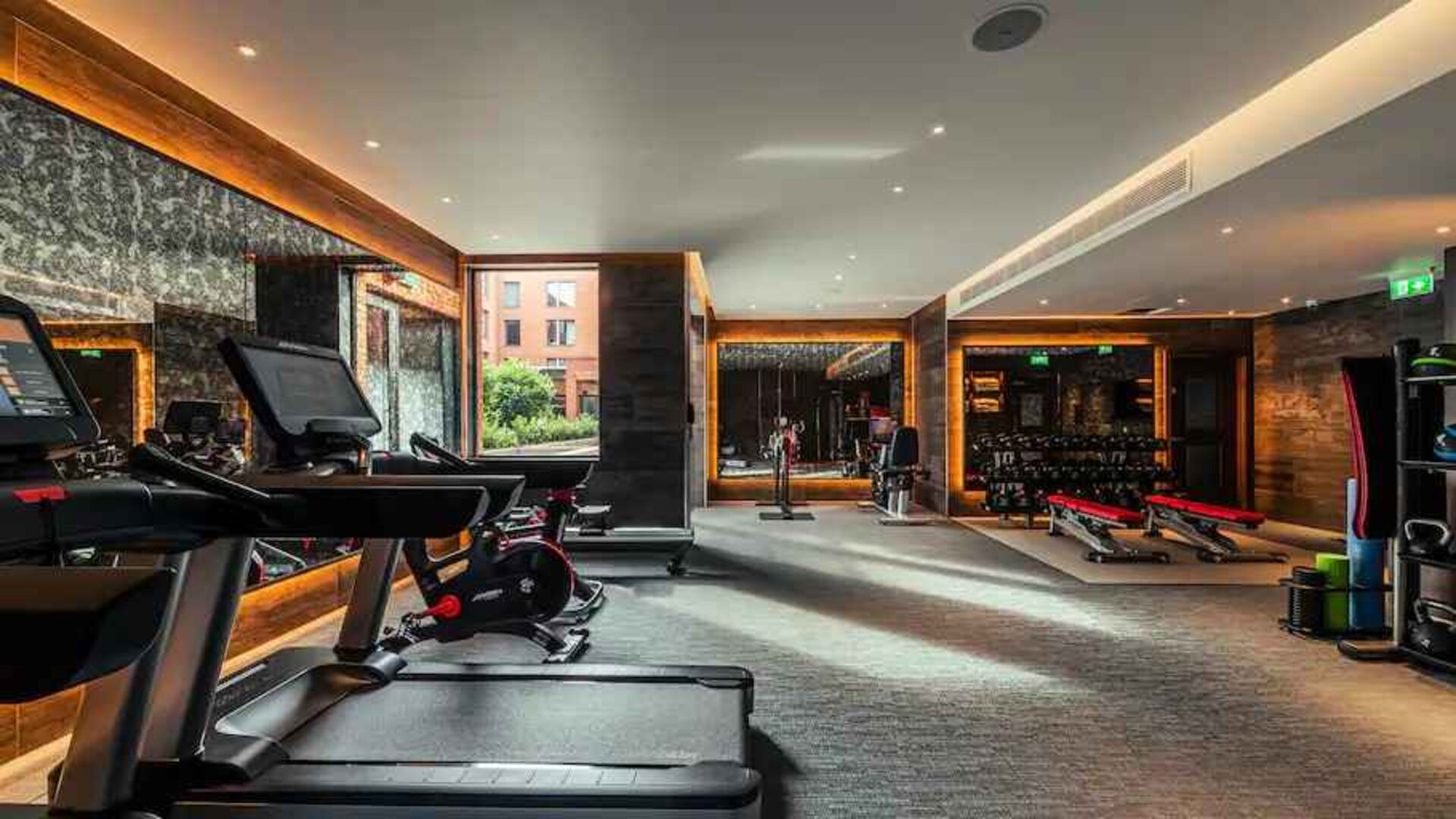 Fully equipped fitness center at the Fellows House Cambridge, Curio Collection by Hilton.