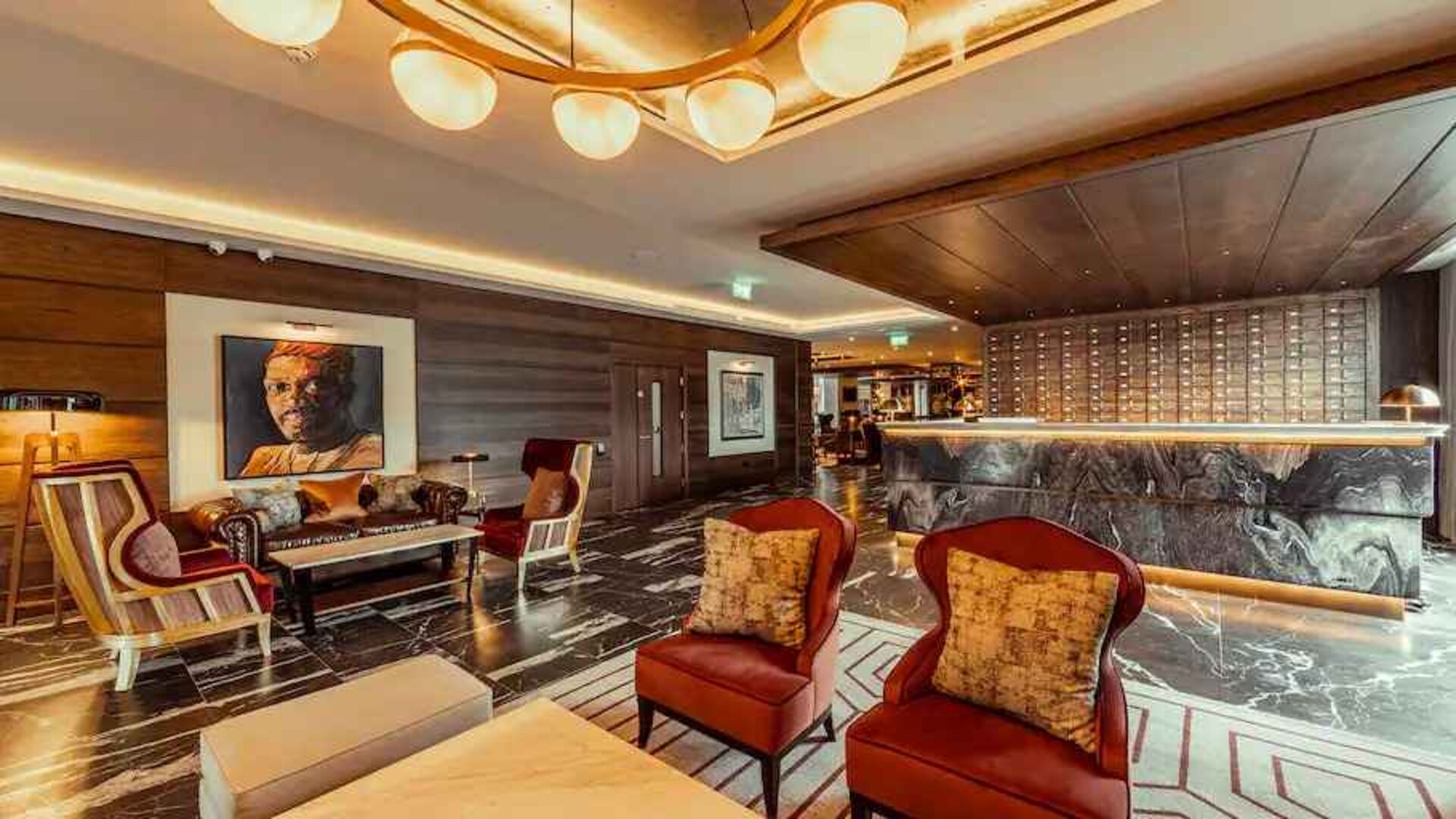 Elegant hotel reception at the Fellows House Cambridge, Curio Collection by Hilton.