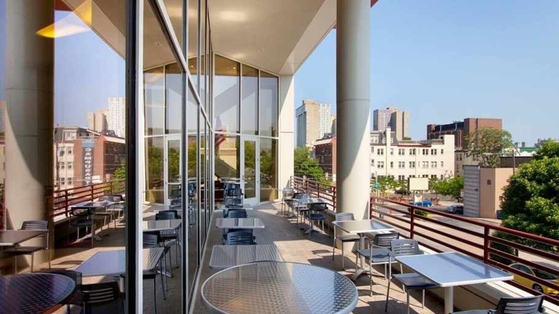 Pretty outdoor terrace ideal as a coworking space at Homewood Suites by Hilton University City Philadelphia, PA.