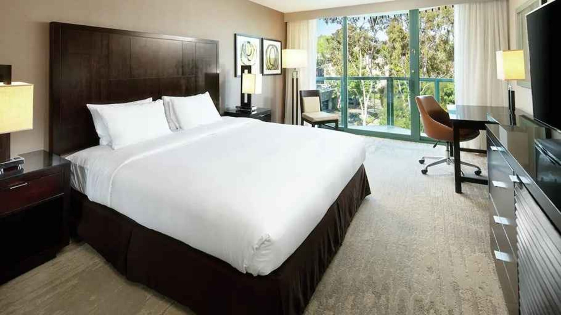 beautiful king suite with TV and work desk with lots of natural light and a terrace at DoubleTree by Hilton Hotel San Diego - Hotel Circle.