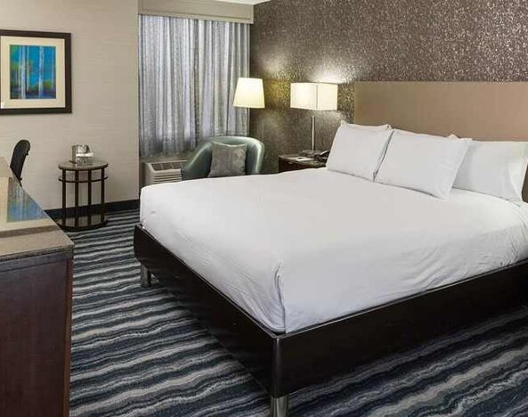 Comfortable king room with TV and work desk ideal for working remotely at DoubleTree by Hilton Hotel Wilmington.