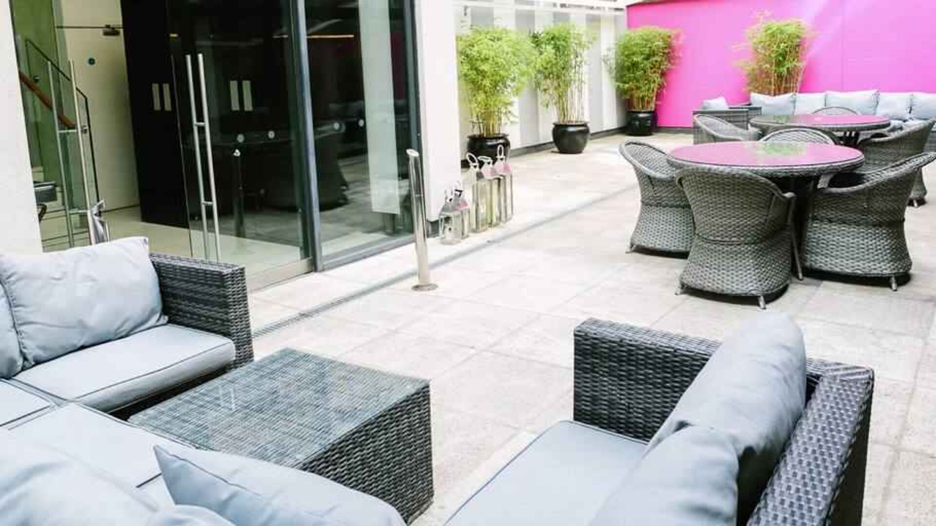 Outdoor patio perfect as workspace at the Morrison, a DoubleTree by Hilton Hotel.