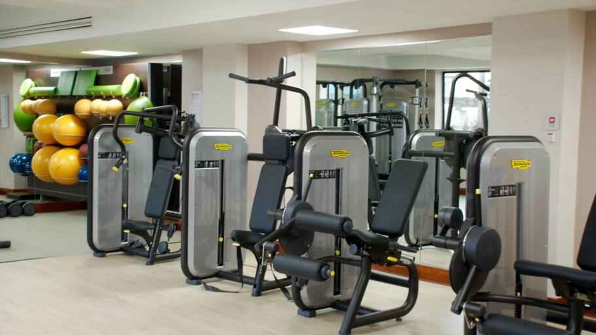 Fitness center with machines at the Hilton Dublin Airport.