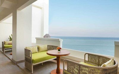 Hotel balcony overlooking the water at the Hilton Bali Resort.