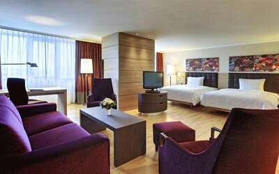 Spacious twin room with beds, desk, TV screen and sofa at the Hilton Mainz.