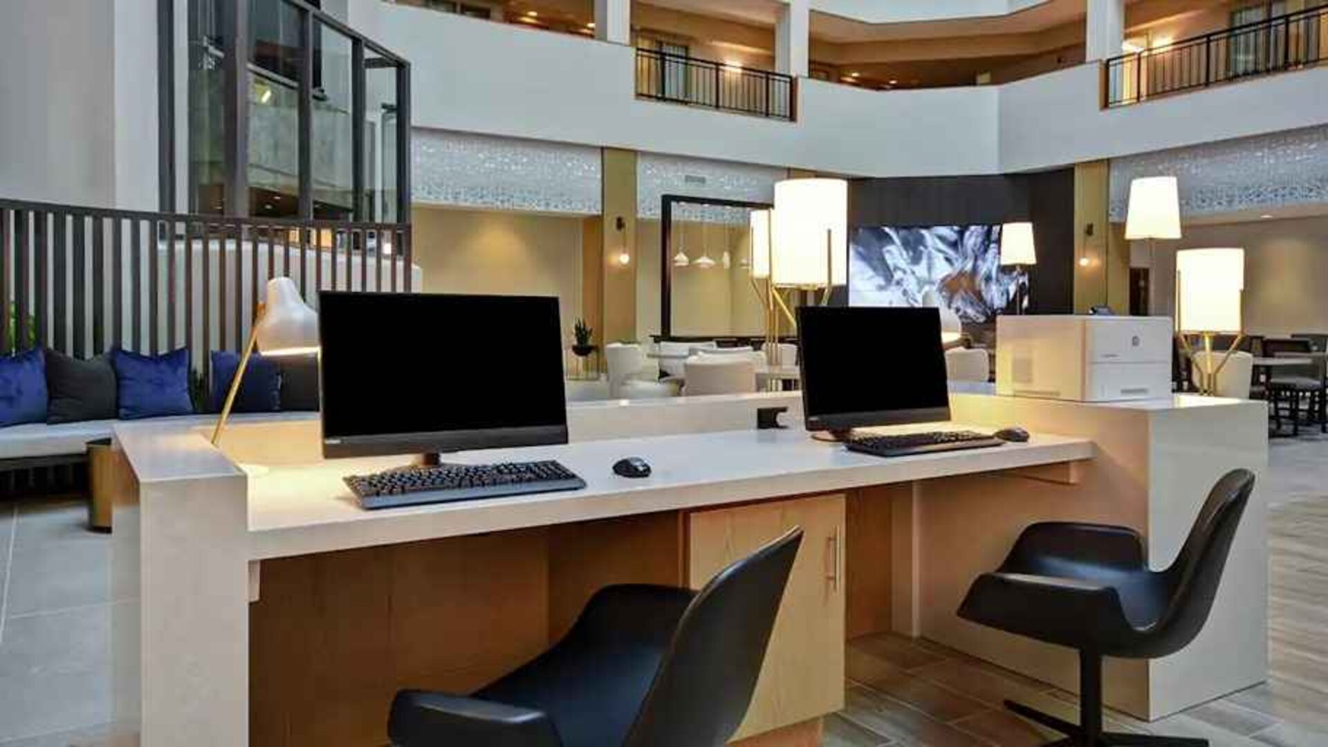 dedicated work station and business center with PC, work desk, internet, and printers at Embassy Suites by Hilton Raleigh Durham Research Triangle.