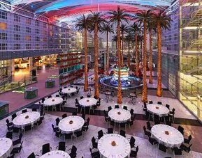 Spacious outdoor patio with palms at the Hilton Munich Airport.