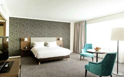 Bright queen room with working station at the Hilton Paris Charles de Gaulle Airport.