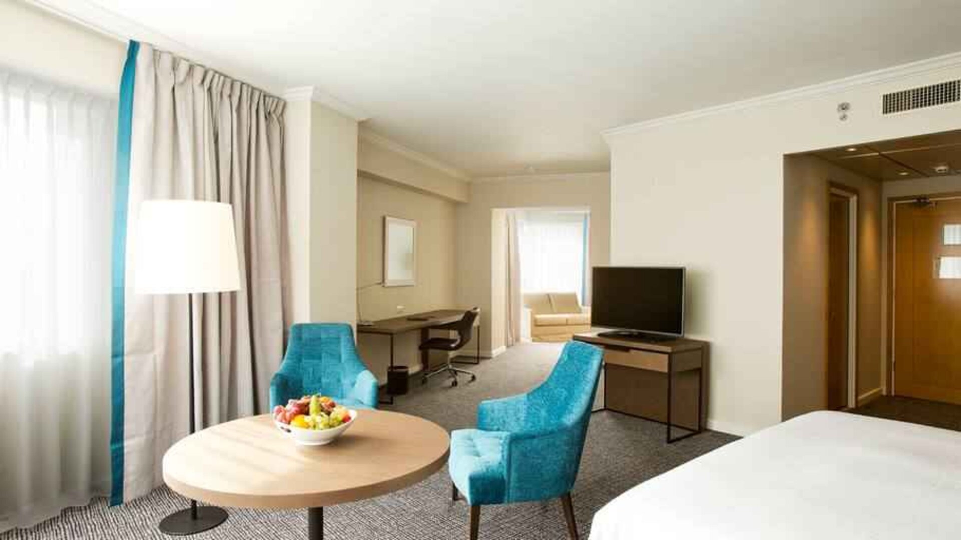 Working station in a hotel room at the Hilton Paris Charles de Gaulle Airport.