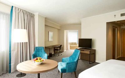 Working station in a hotel room at the Hilton Paris Charles de Gaulle Airport.