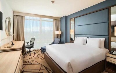 comfortable king room with TV, work desk, and natural light at Hilton Garden Inn Bogota Airport.