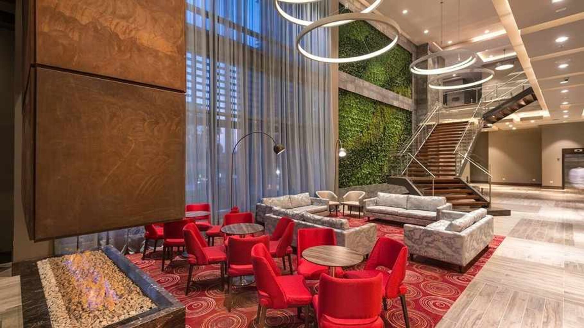 comfortable lobby and coworking area at Hilton Garden Inn Bogota Airport.