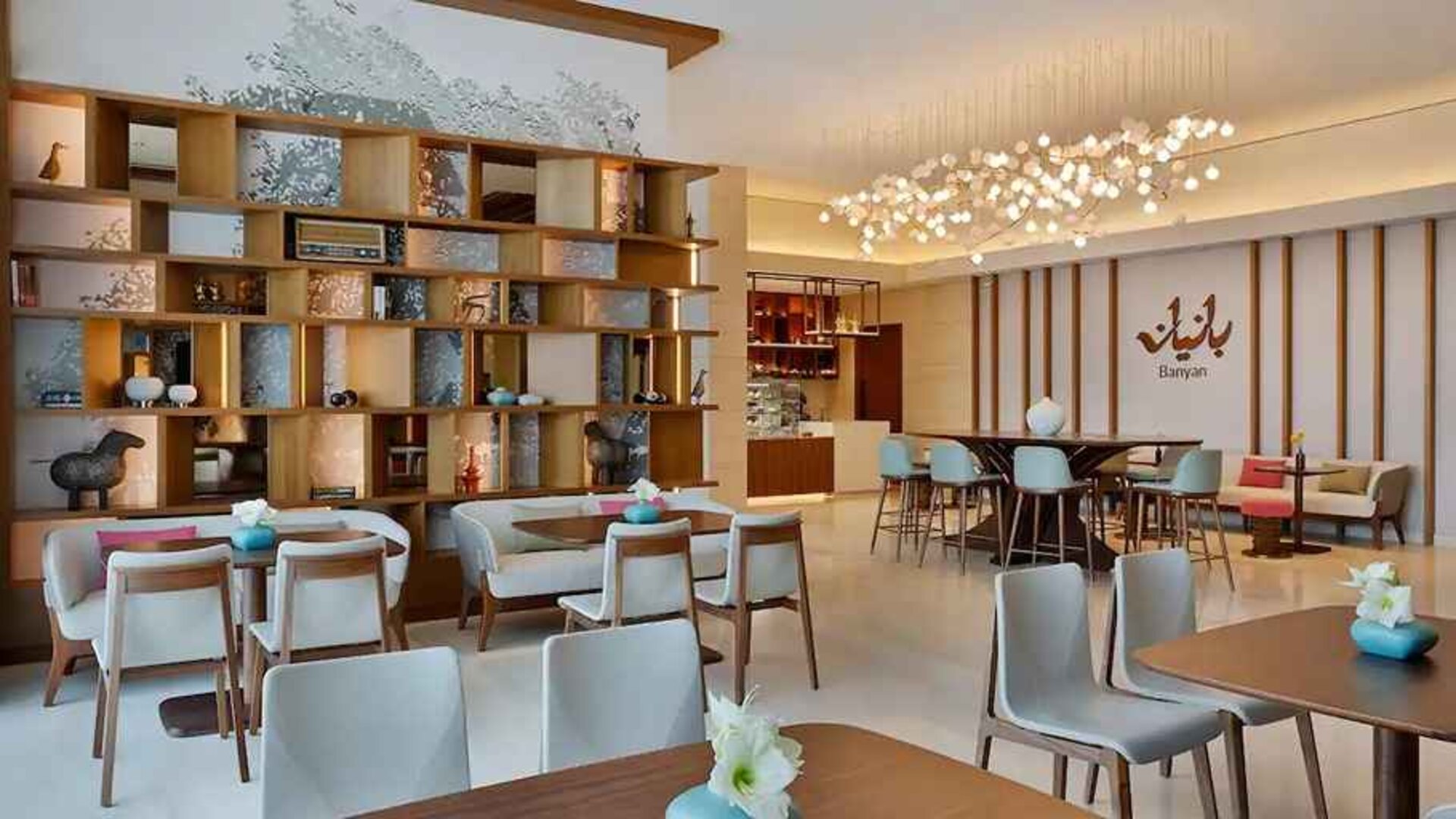 comfortable and well lit lobby and coaworking space at DoubleTree by Hilton Sharjah Waterfront Hotel & Residences.