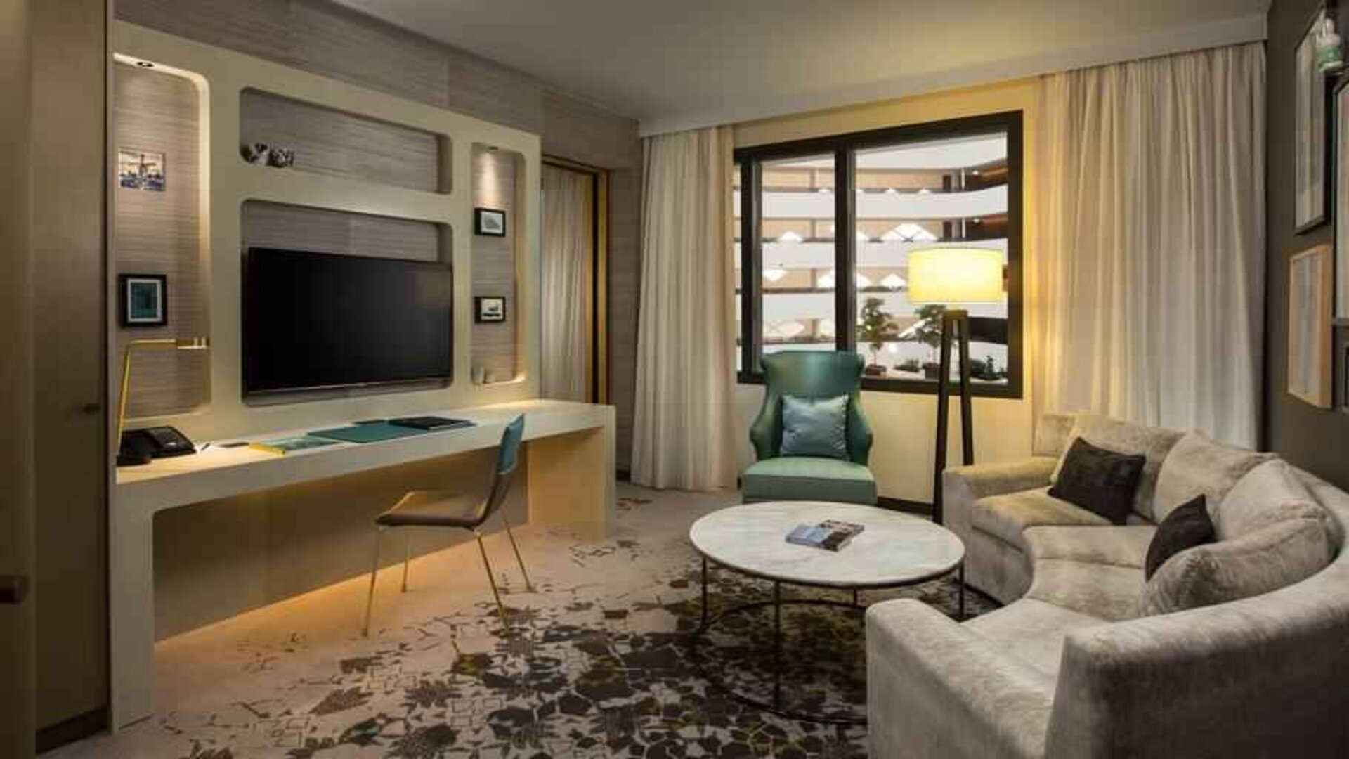 Comfortable living room suitable as workspace at the Hilton Amsterdam Airport Schiphol.