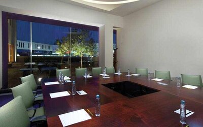 Meeting boardroom with square table at the Hilton Garden Inn Monterrey Airport, Nuevo Leon, Mexico.