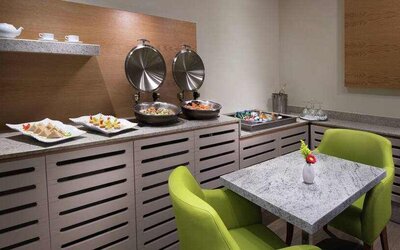 Dining area suitable as workspace at the Hilton Garden Inn Monterrey Airport, Nuevo Leon, Mexico.