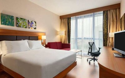 comfortable king bed with work desk, TV, and large windows at Hilton Garden Inn Sevilla.