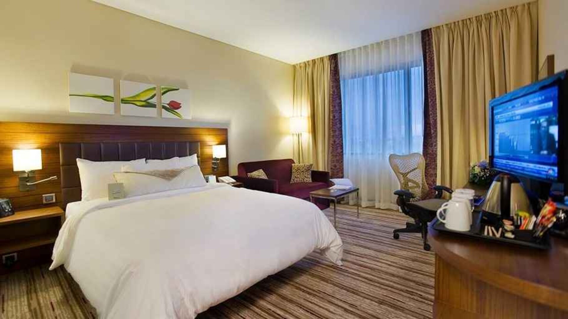 spacious king bedroom with TV, desk, chair, couch, and coffee station at Hilton Garden Inn Kutahya.