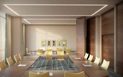 Meeting room with square table at the Hilton Garden Inn Al Jubail.