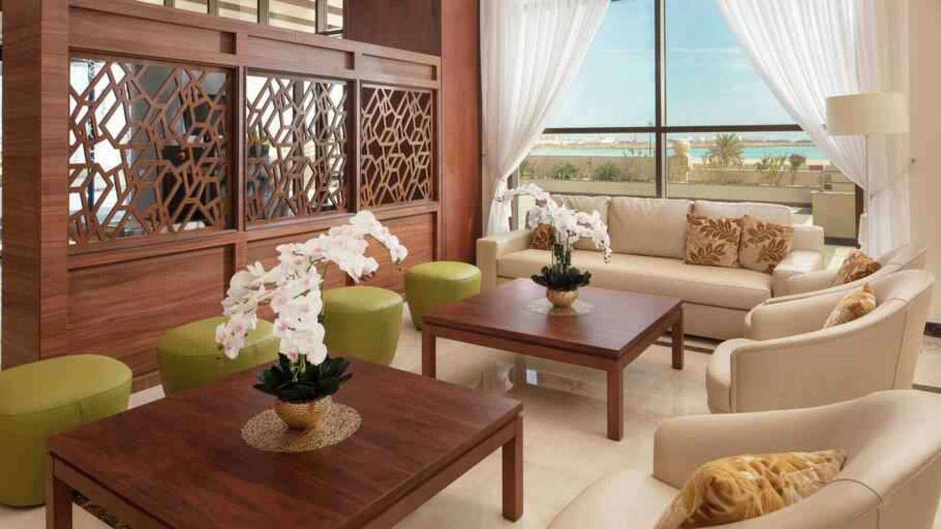 Spacious hotel lobby perfect as workspace at the Hilton Garden Inn Al Jubail.