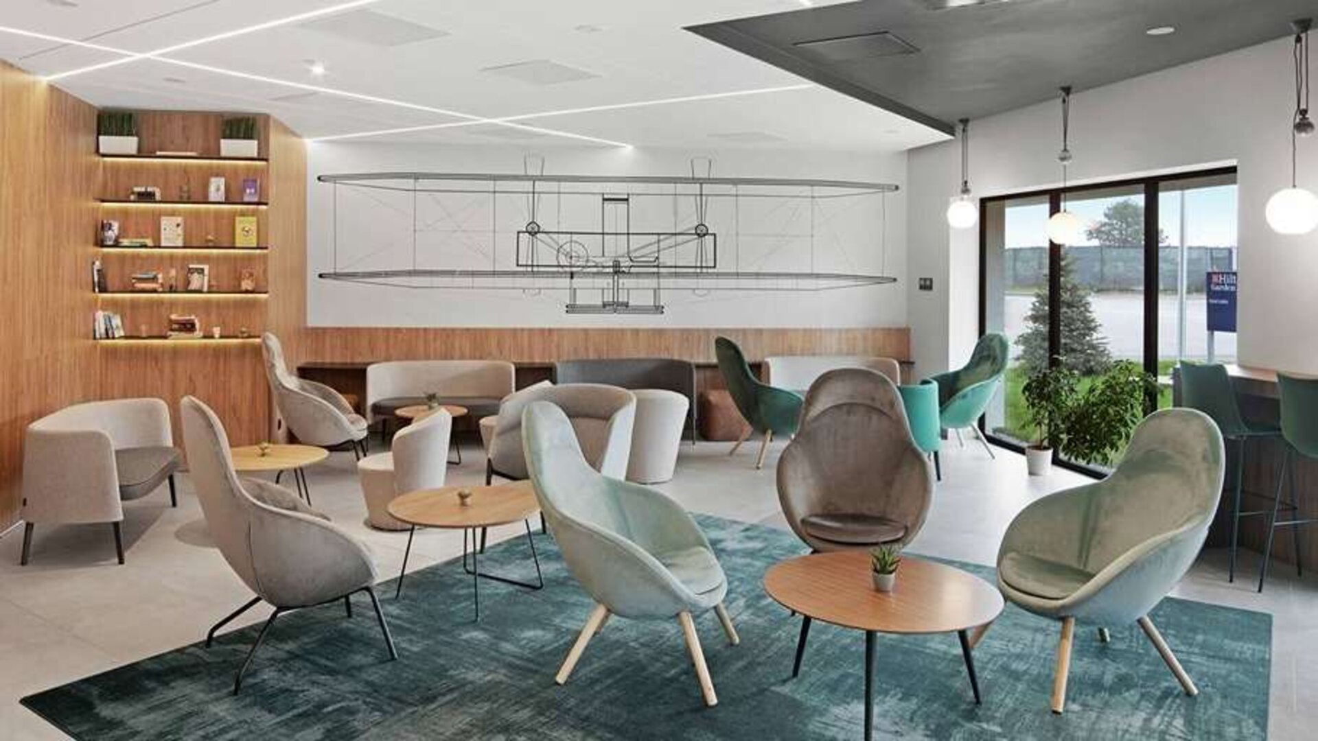 comfortable lobby and coworking space at Hilton Garden Inn Bucharest Airport.