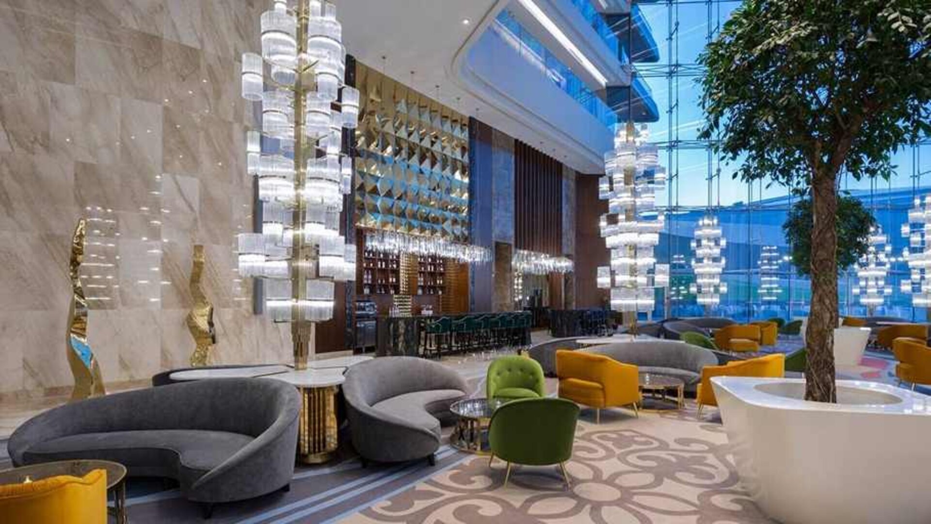 comfortable lobby and lounge area ideal for coworking at Hilton Astana.
