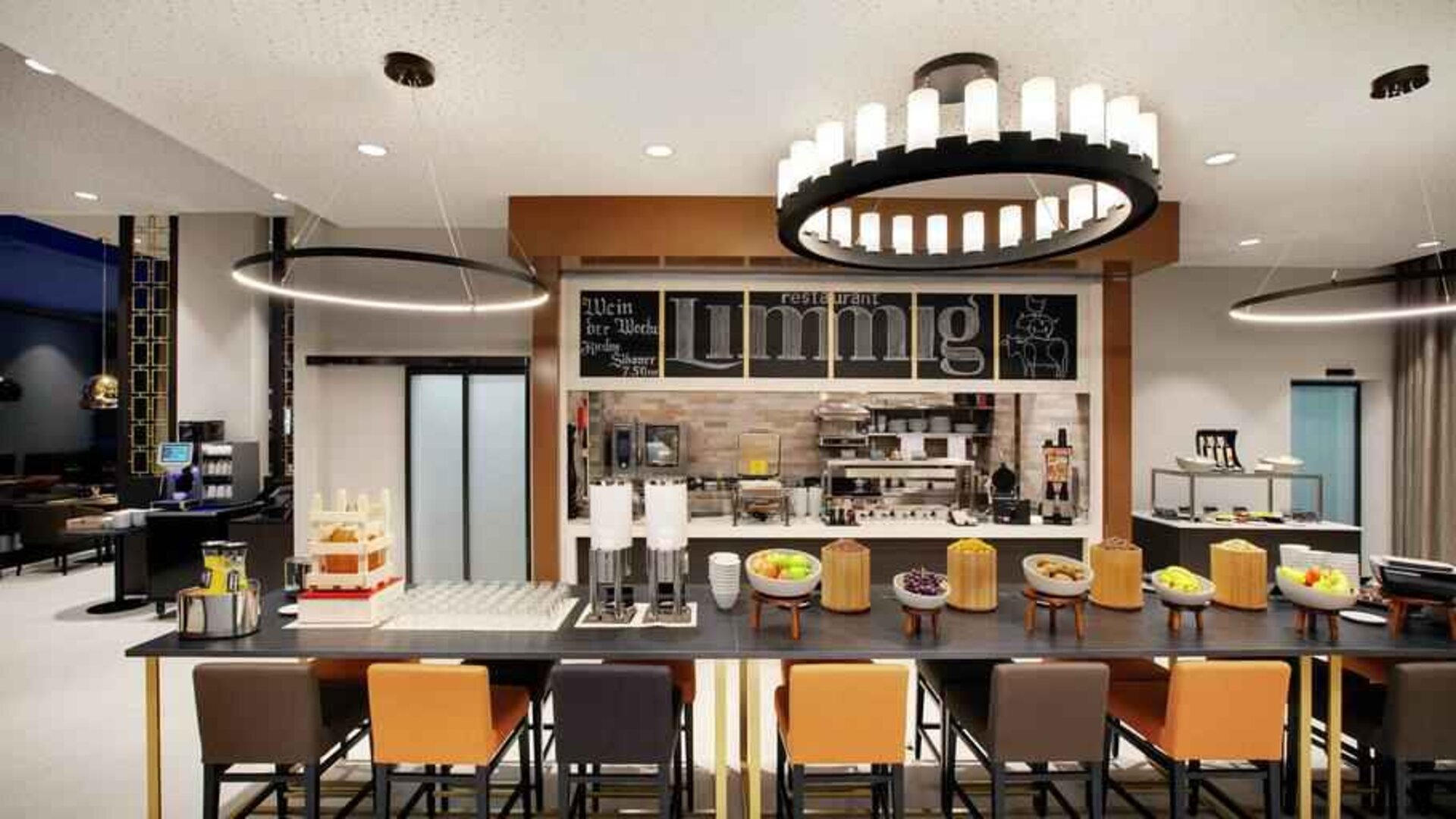 Restaurant area suitable for co-working at the Hilton Garden Inn Zurich Limmattal.