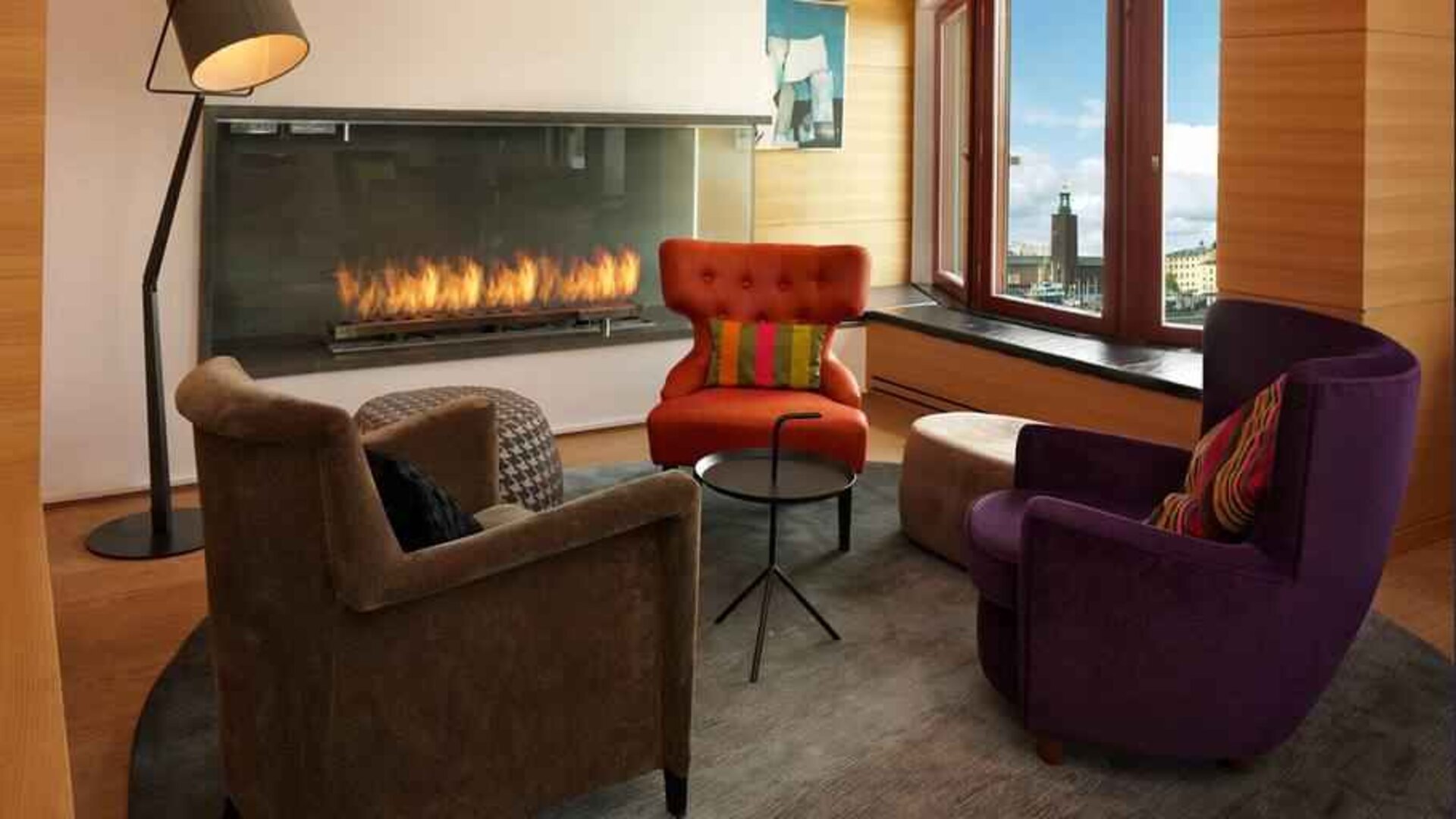 Executive lounge by the fireplace at the Hilton Stockholm Slussen.