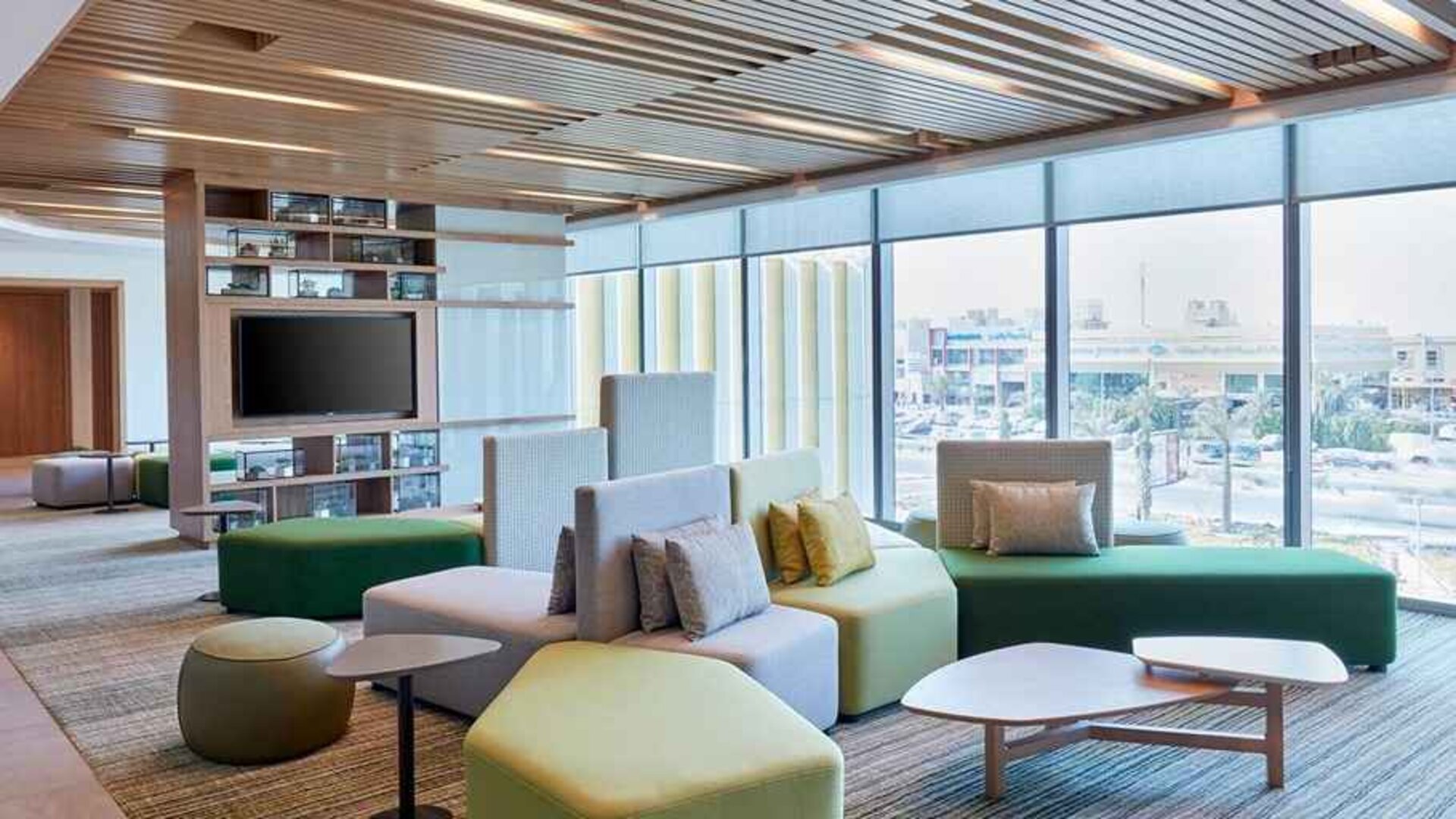 comfortable lobby and coworking space at Hilton Garden Inn Kuwait.