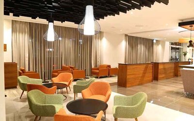 comfortable lobby and coworking space at Hilton Garden Inn Nairobi Airport.
