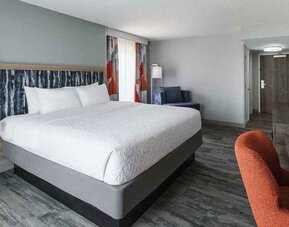 bright-lit king-sized bed in a spacious room with work desk at Hampton Inn & Suites Tampa-Ybor City/Downtown.